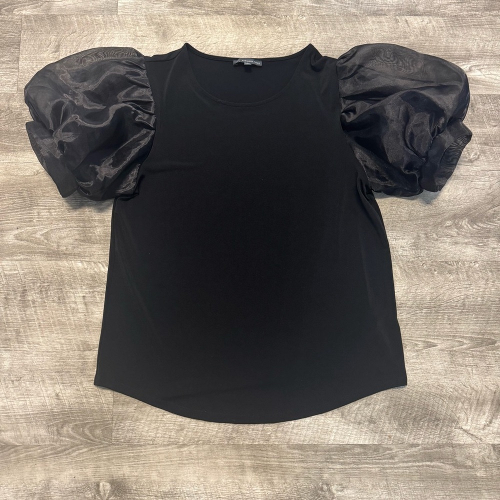Adrianna Papell Black Knit Organza Puff Sleeve Top Sz. S